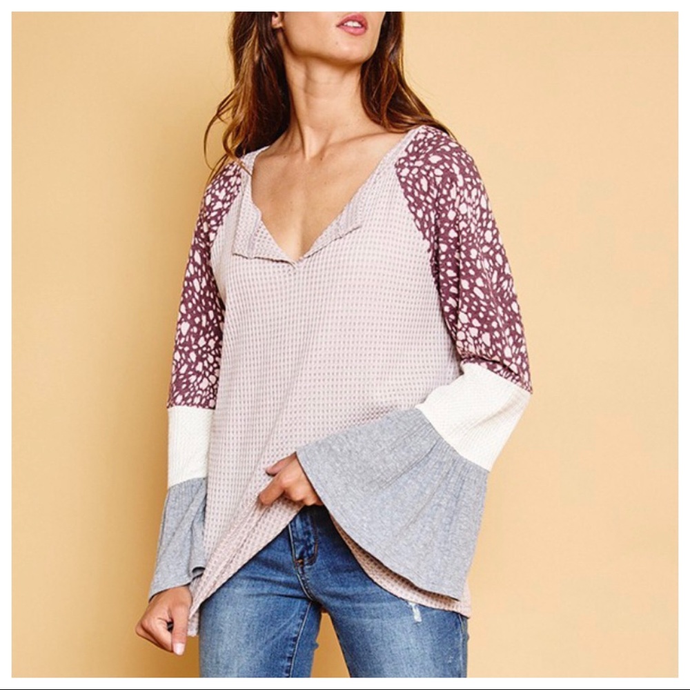 #14 Bell Sleeves Raglan Contrast Color Block Tunic - Picture 2 of 6